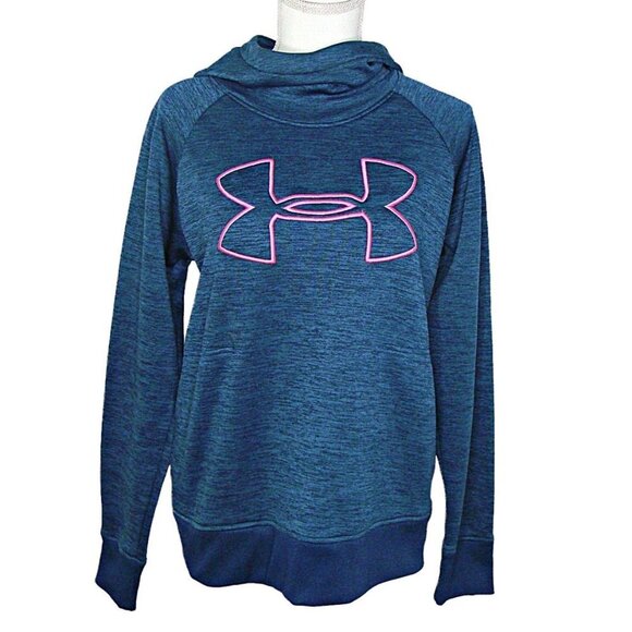 Under Armour Womens ColdGear Hoodie Slate Blue Heather with Pink Trim Logo Sz M - Picture 1 of 9